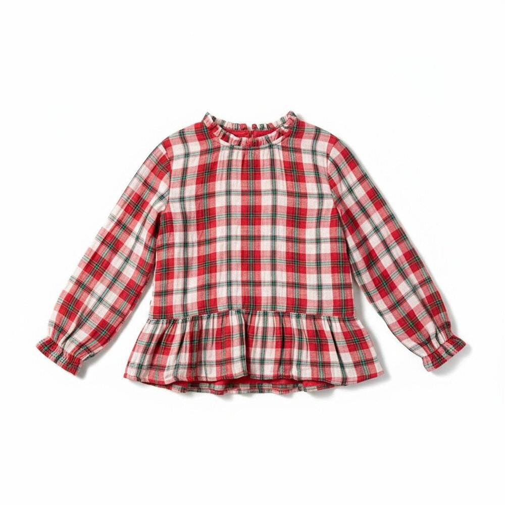 Cat & Jack Girls Christmas Peplum Blouse Size S 6/6X Red Plaid Holiday Ruffle